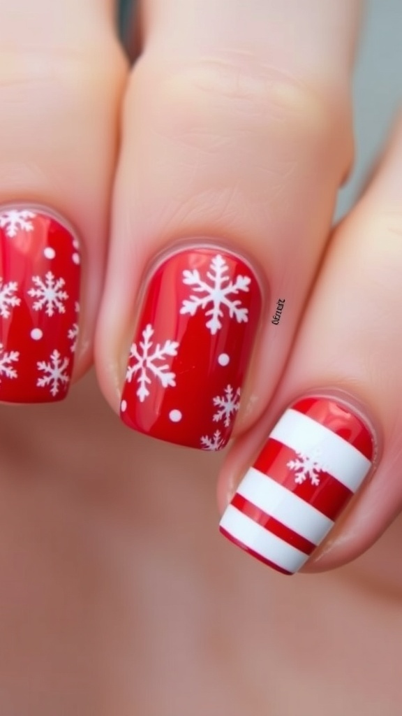 Close-up of red and white Christmas nail art with snowflakes and stripes.